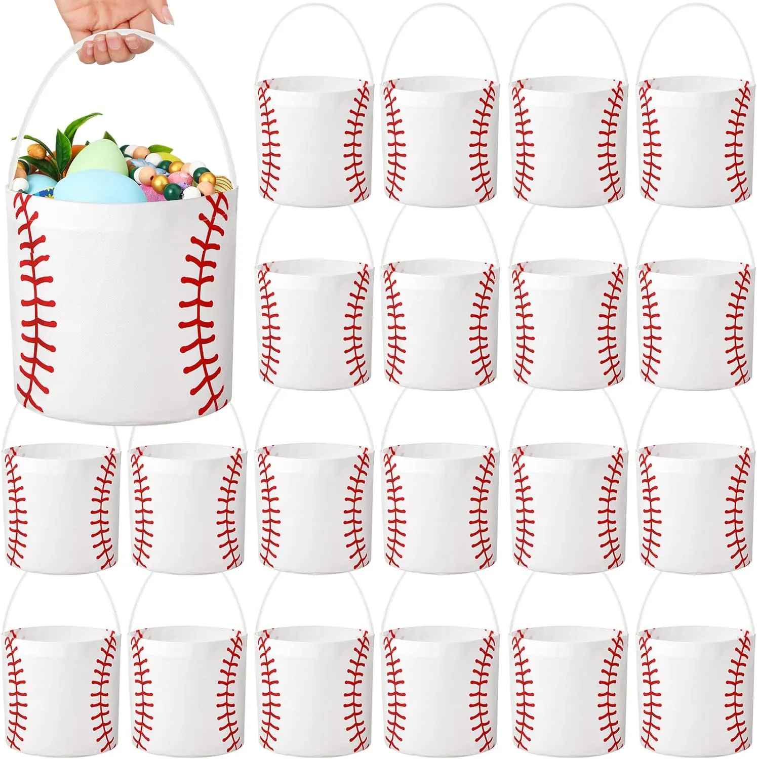 24 Pcs Baseball Easter Bucket with Handles Fabric Baseball Treat Ice Bulk Candy Bucket Easter Baskets Candy Gifts Tote Bag for Easter Parties Sport