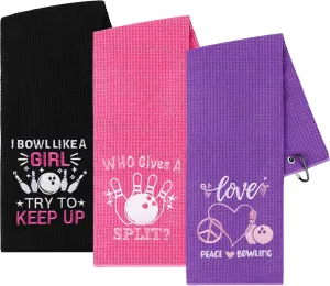 3 Pcs Bowling Towel Soft Embroidered Towels with Grommet Funny Bowling Ball Towel Absorbent Hand Towels Accessories Fans Birthday Xmas Gift for Women Sport Player Fitness Lovers Gift, 16 x 24 Inches
