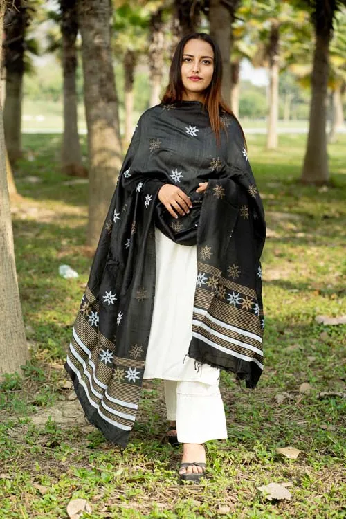 Block Printed -Silk Dupatta-Brown Colour