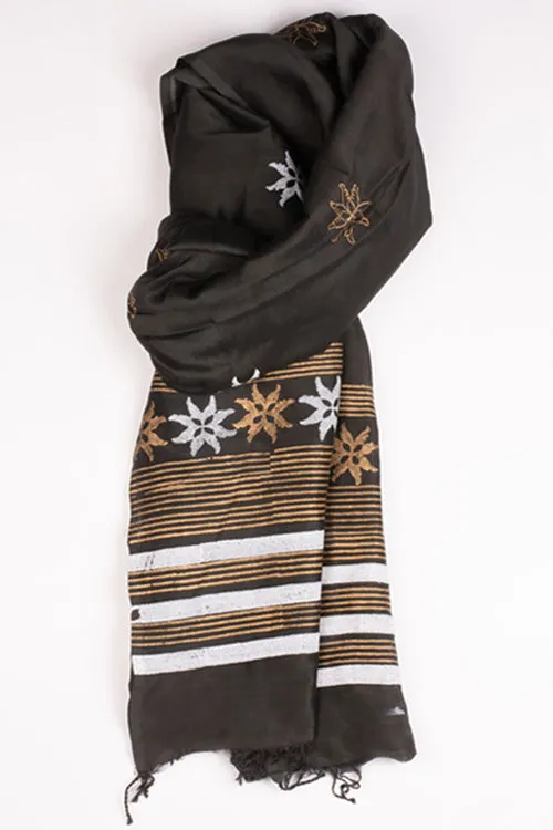 Block Printed -Silk Dupatta-Brown Colour