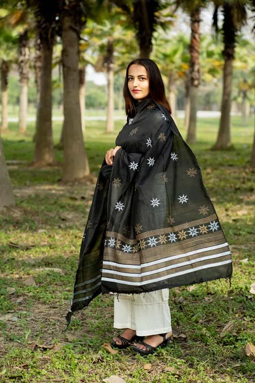 Block Printed -Silk Dupatta-Brown Colour