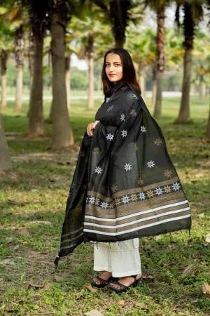 Block Printed -Silk Dupatta-Brown Colour
