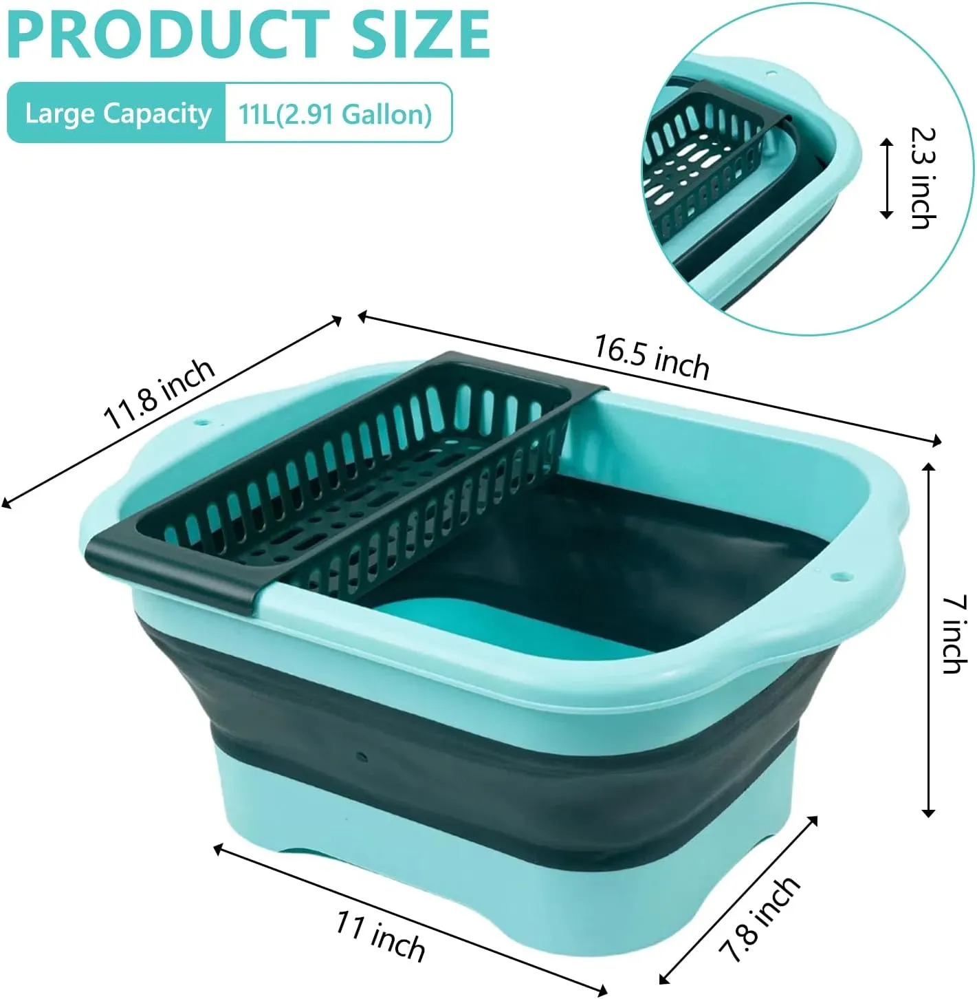 Collapsible Dish Basin with Portable Sink, 11L(2.91 Gallon) Collapsible Bucket with Drain Plug for Dish Pan and Vegetable, Wash Basin for Station Campin/Camping/Rv/Kitchen(Green)