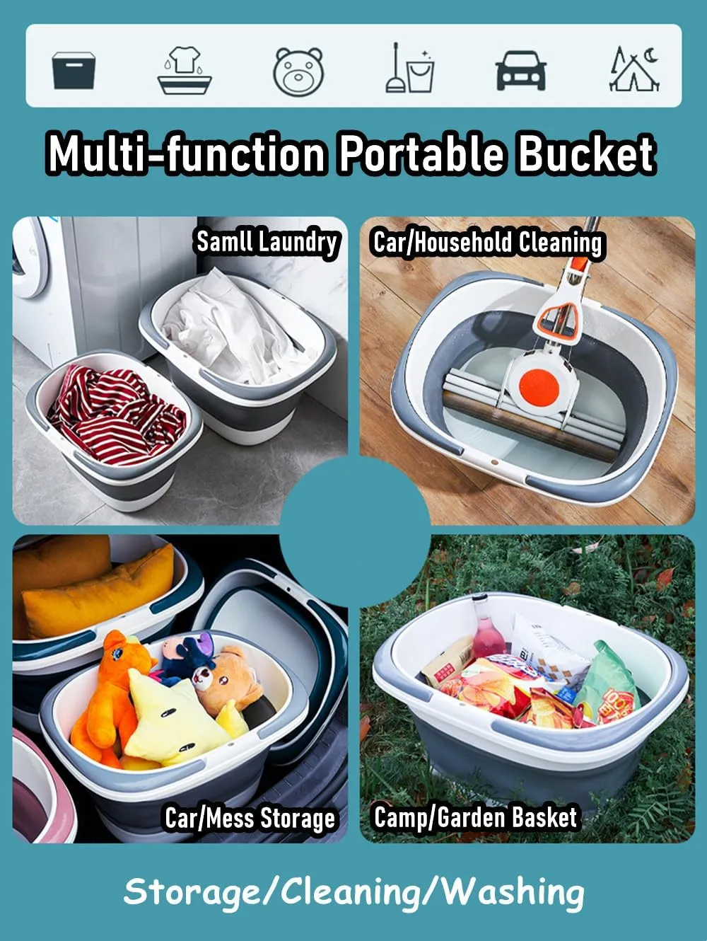 Collapsible Picnic Basket Plastic Mop Bucket Tub with Handle for Harvest, Garden, Household Cleaning, Car Washing, 16L(4.2 Gallon) Folding Bath Basin Bowl Small Storage Container Organizer, Gray
