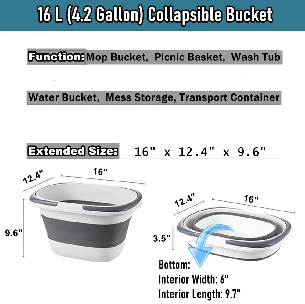 Collapsible Picnic Basket Plastic Mop Bucket Tub with Handle for Harvest, Garden, Household Cleaning, Car Washing, 16L(4.2 Gallon) Folding Bath Basin Bowl Small Storage Container Organizer, Gray