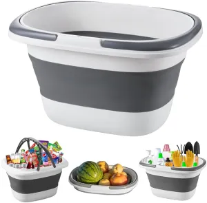 Collapsible Picnic Basket Plastic Mop Bucket Tub with Handle for Harvest, Garden, Household Cleaning, Car Washing, 16L(4.2 Gallon) Folding Bath Basin Bowl Small Storage Container Organizer, Gray