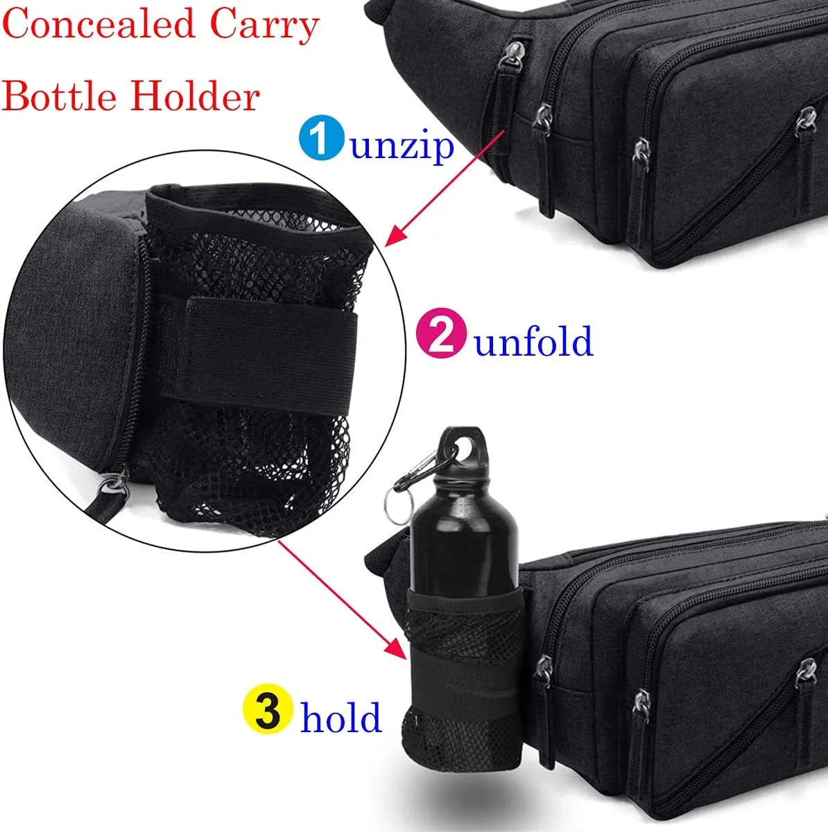 Concealed Carry Pistol Waist bag Tactical Conceal Carry Pistol Bag Fanny Packs Handgun Holster Pouch with Bottle&Gun Holder Fits 1911 Glock etc