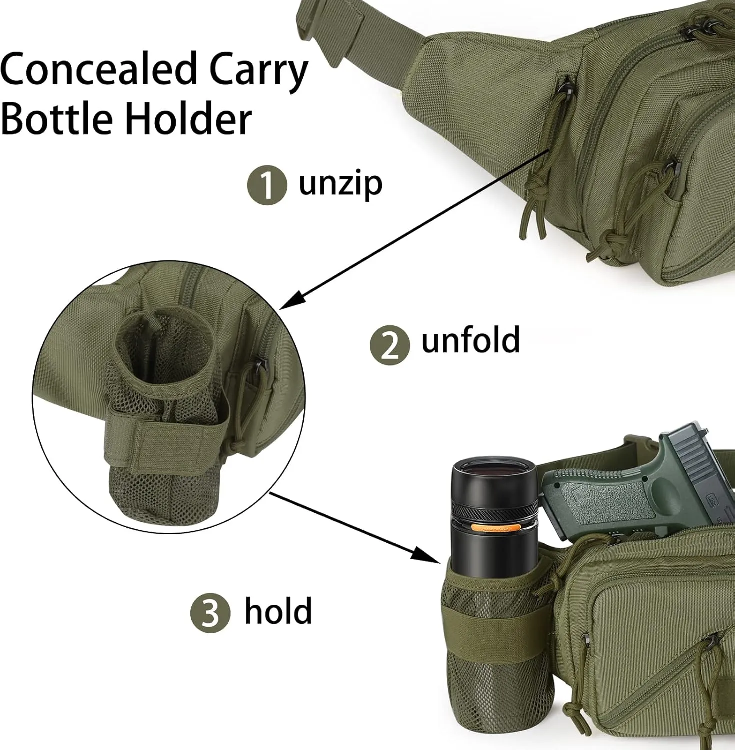 Concealed Carry Pistol Waist bag Tactical Conceal Carry Pistol Bag Fanny Packs Handgun Holster Pouch with Bottle&Gun Holder Fits 1911 Glock etc