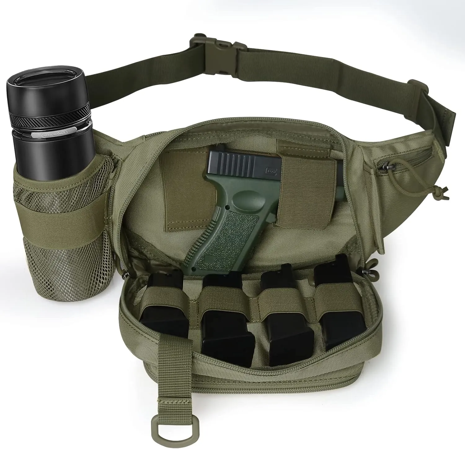 Concealed Carry Pistol Waist bag Tactical Conceal Carry Pistol Bag Fanny Packs Handgun Holster Pouch with Bottle&Gun Holder Fits 1911 Glock etc
