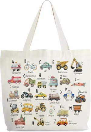 Construction Alphabet Canvas Tote Bag for Women, ABC Letters Learning Tote, Library Book Bag, Teacher Tote Bags for Books, Alphabets Gift Bag, Colorful Shoulder Bag Gifts for Her -23