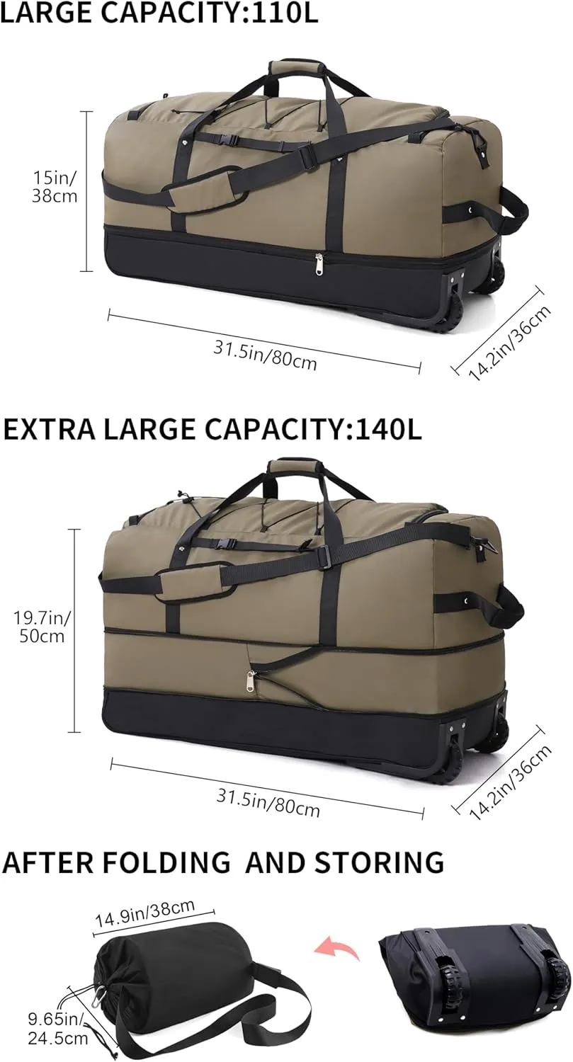 CONTAIL 32 Soft-side 110L Expandable 140L Rolling Duffle Bag with 2 Inline Wheels,Convertible Weekend Travel Bag with Bungee-Cord System,Army Green