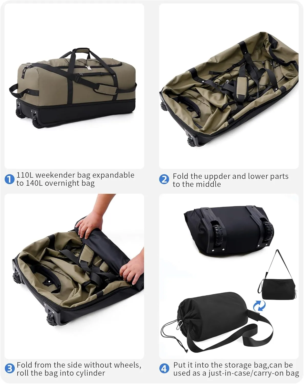 CONTAIL 32 Soft-side 110L Expandable 140L Rolling Duffle Bag with 2 Inline Wheels,Convertible Weekend Travel Bag with Bungee-Cord System,Army Green