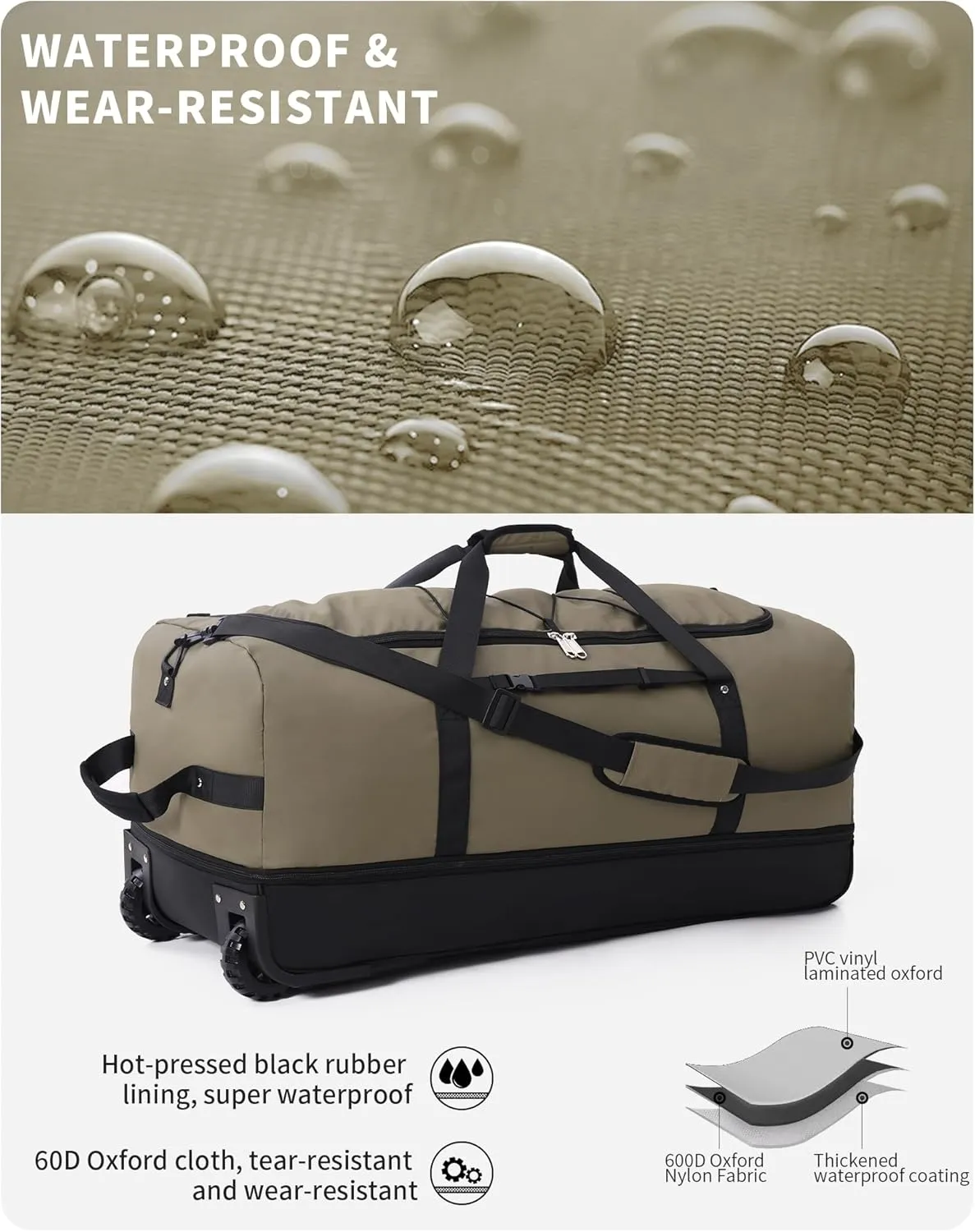CONTAIL 32 Soft-side 110L Expandable 140L Rolling Duffle Bag with 2 Inline Wheels,Convertible Weekend Travel Bag with Bungee-Cord System,Army Green