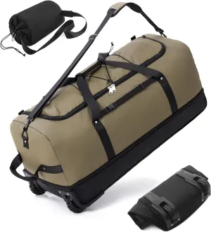CONTAIL 32 Soft-side 110L Expandable 140L Rolling Duffle Bag with 2 Inline Wheels,Convertible Weekend Travel Bag with Bungee-Cord System,Army Green