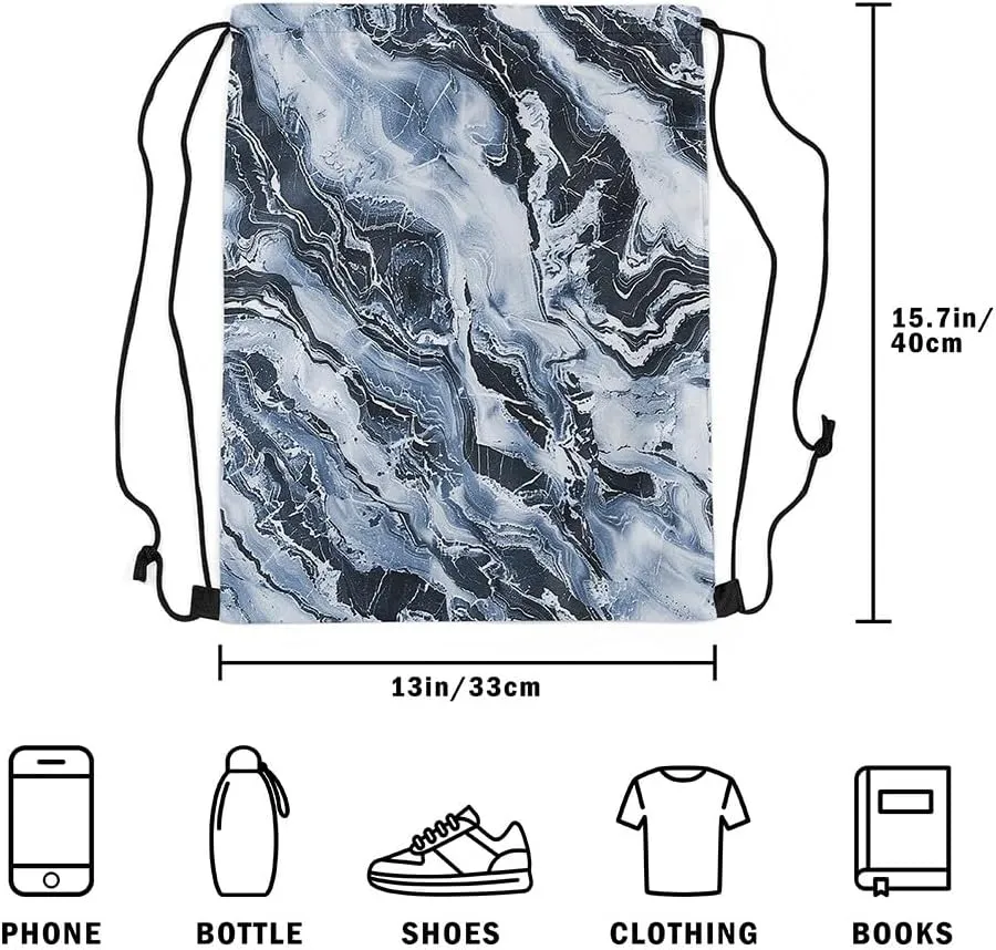 Feelyou Marbling Drawstring Backpack 13"x15.7" Geometric Drawstring Bags for Modern Art Sports Drawstring Sackpack Blue Black Waterproof Cinch Bag