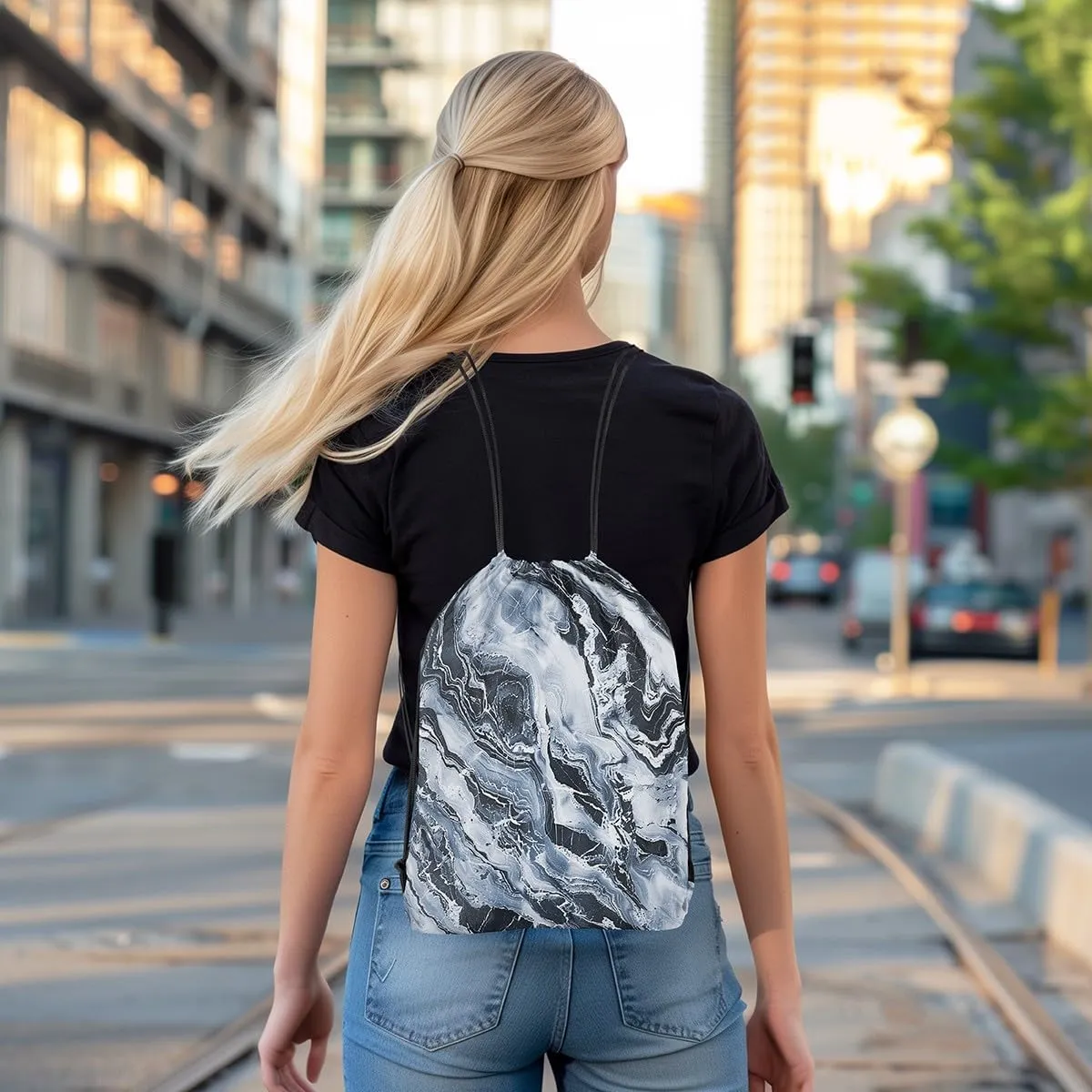 Feelyou Marbling Drawstring Backpack 13"x15.7" Geometric Drawstring Bags for Modern Art Sports Drawstring Sackpack Blue Black Waterproof Cinch Bag