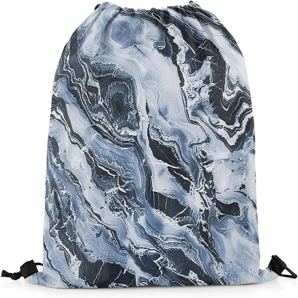 Feelyou Marbling Drawstring Backpack 13"x15.7" Geometric Drawstring Bags for Modern Art Sports Drawstring Sackpack Blue Black Waterproof Cinch Bag
