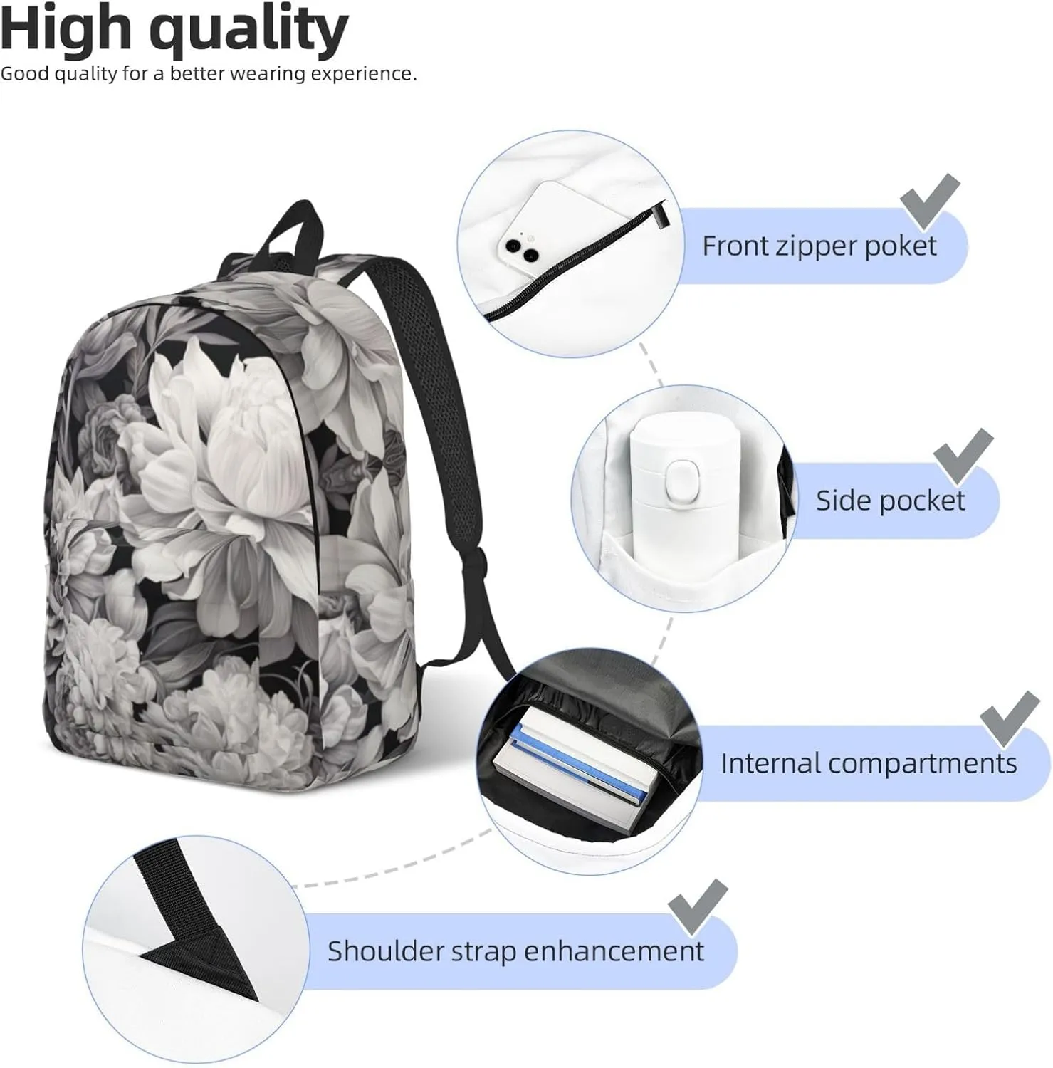 Floral Graphite Canvas Backpack For Men Women,Casual Rucksack Backpack, Laptop College Hiking Travel Bag