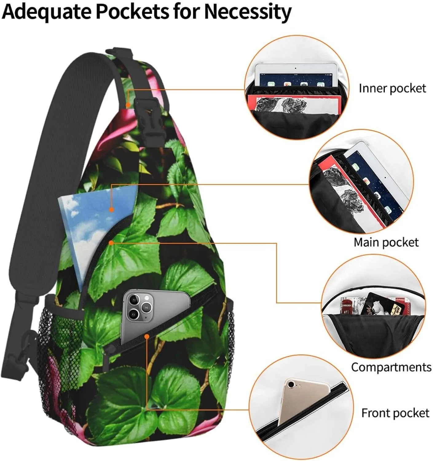 Floral Rose Ivy With Leaves Spring Sling Backpack,Men Cross Chest Bag Diagonally,Shoulder Bag For Outdoor Cycling Bag