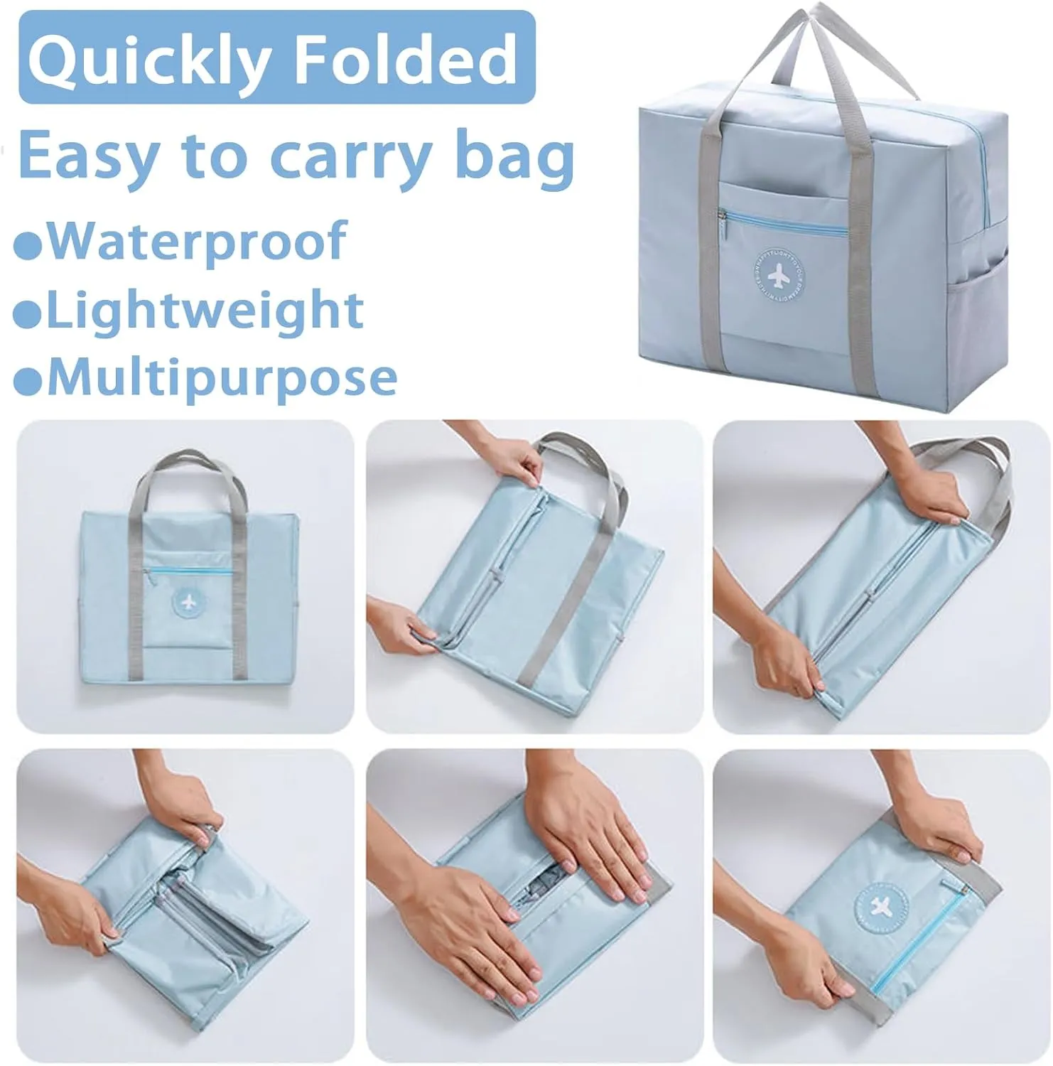 INVODA Travel Bag Foldable Duffle Bag Spirit Airlines Personal Item Bag for Women Men Lightweight Short Trip Carry On Bag Sports Gym Tote Weekender Overnight Bag (1002 Blue)