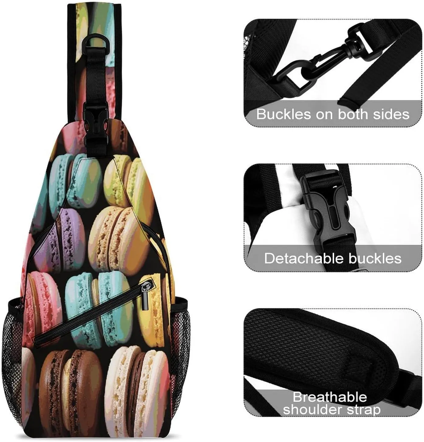 Lightweight Chest Bag Crossbody Bag Macaron Biscuit Flavored Pastries Sling Backpack for Women Men Sports Travel