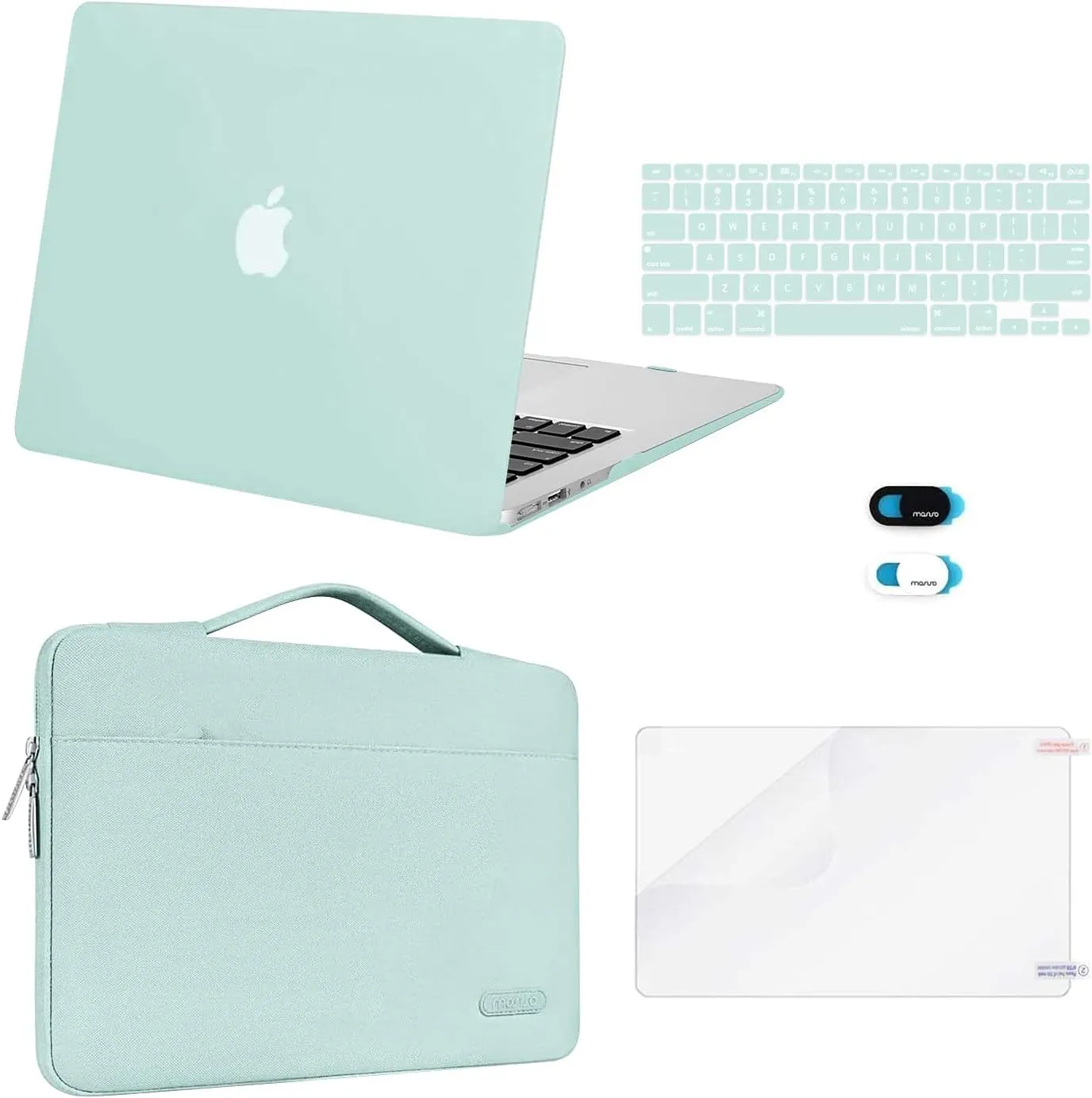 MOSISO Compatible with MacBook Air 13 inch Case (A1369 A1466, Older Version 2010-2017 Release), Plastic Hard Shell Case & Sleeve Bag & Keyboard Cover & Webcam Cover & Screen Protector, Mint Green