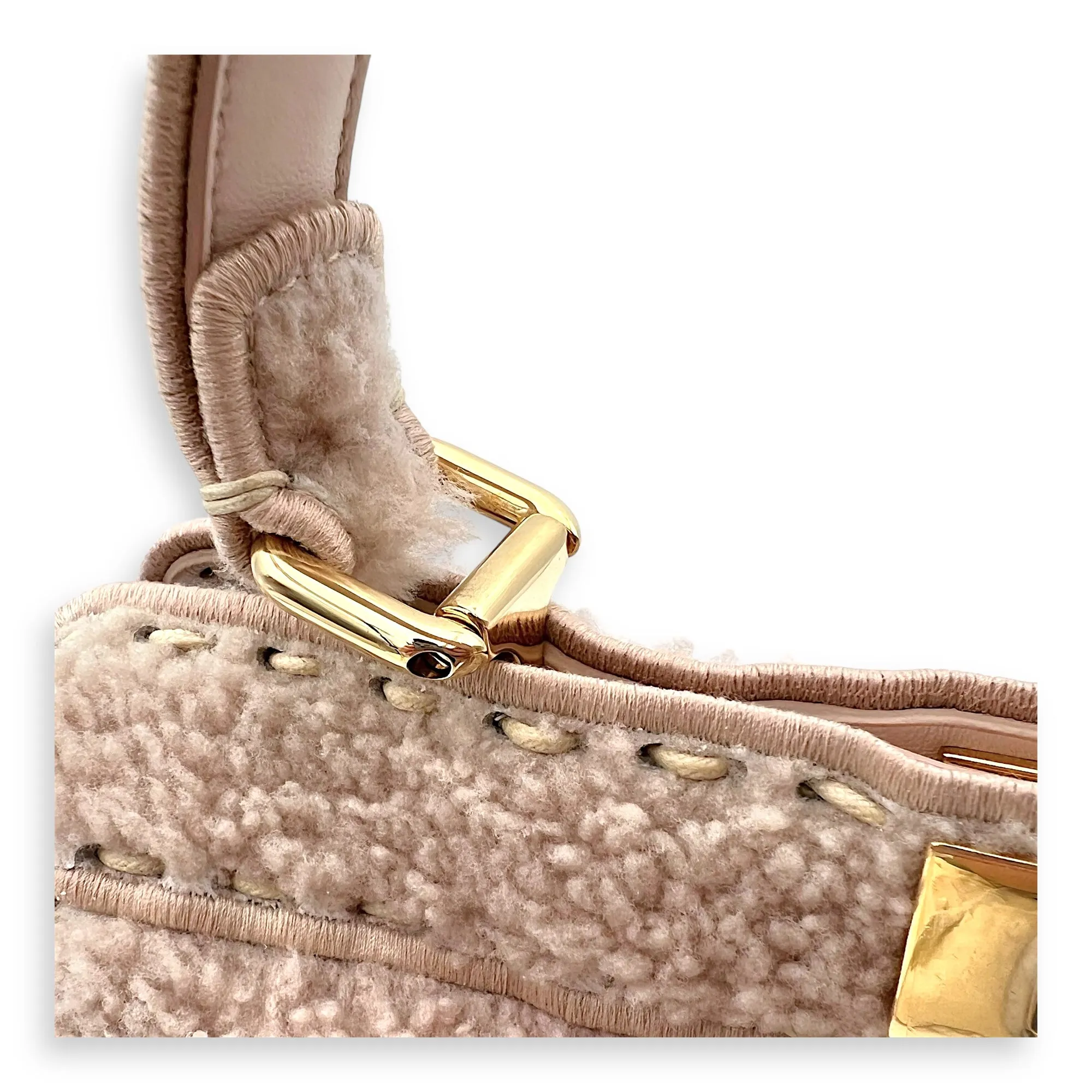 Peekaboo Beige Top Handle Bag in Shearling, Gold hardware