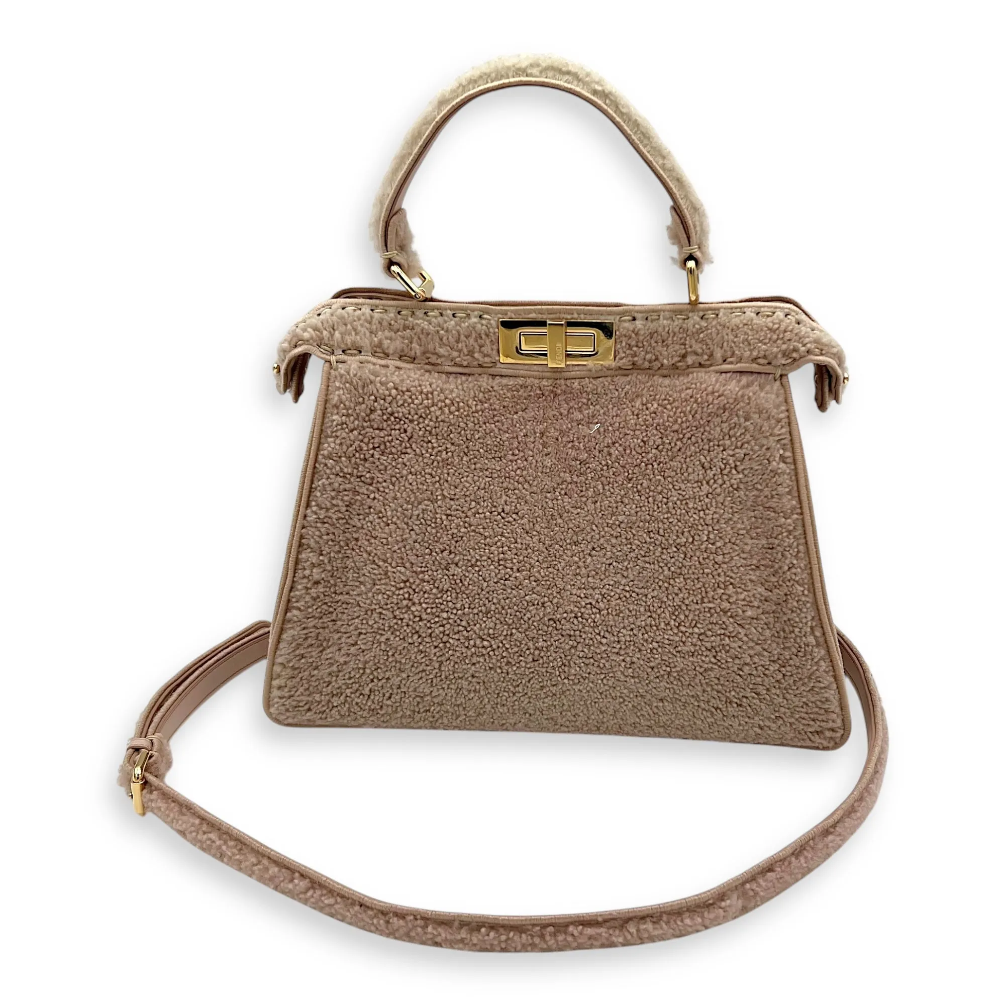 Peekaboo Beige Top Handle Bag in Shearling, Gold hardware