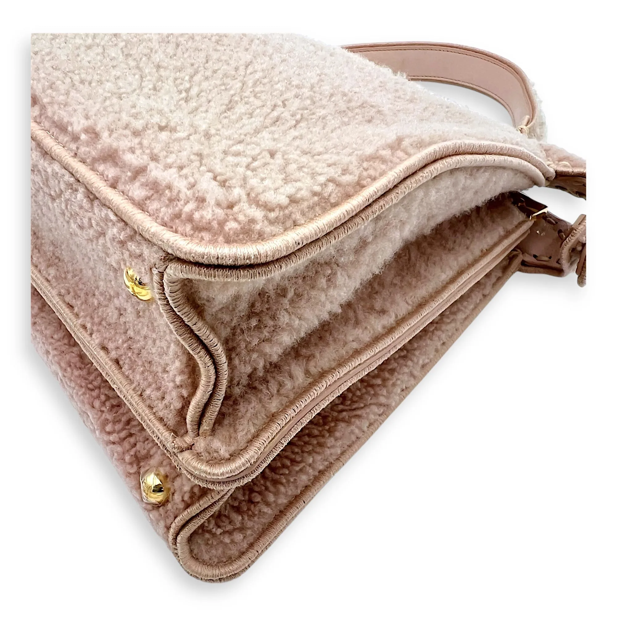 Peekaboo Beige Top Handle Bag in Shearling, Gold hardware