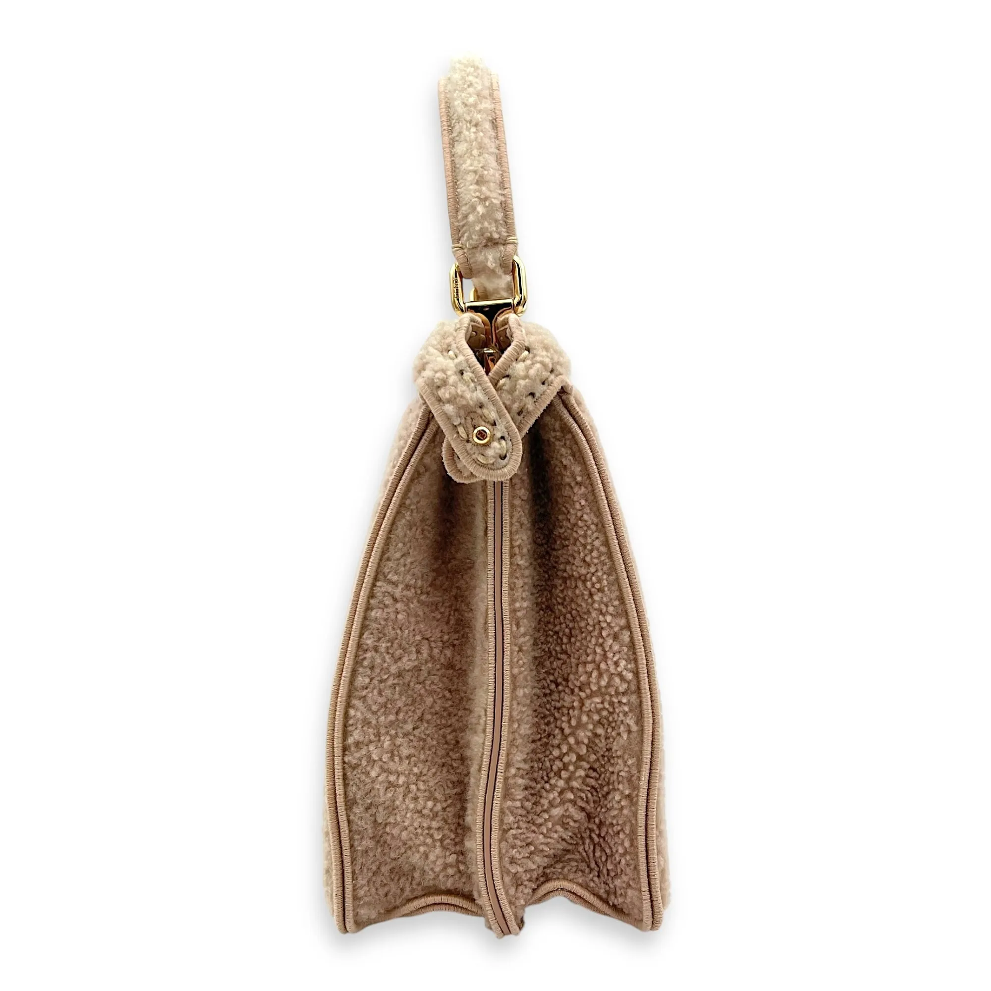 Peekaboo Beige Top Handle Bag in Shearling, Gold hardware