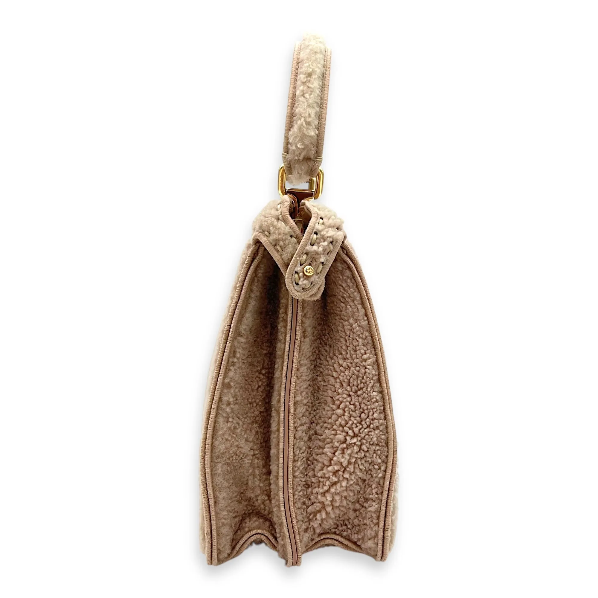 Peekaboo Beige Top Handle Bag in Shearling, Gold hardware