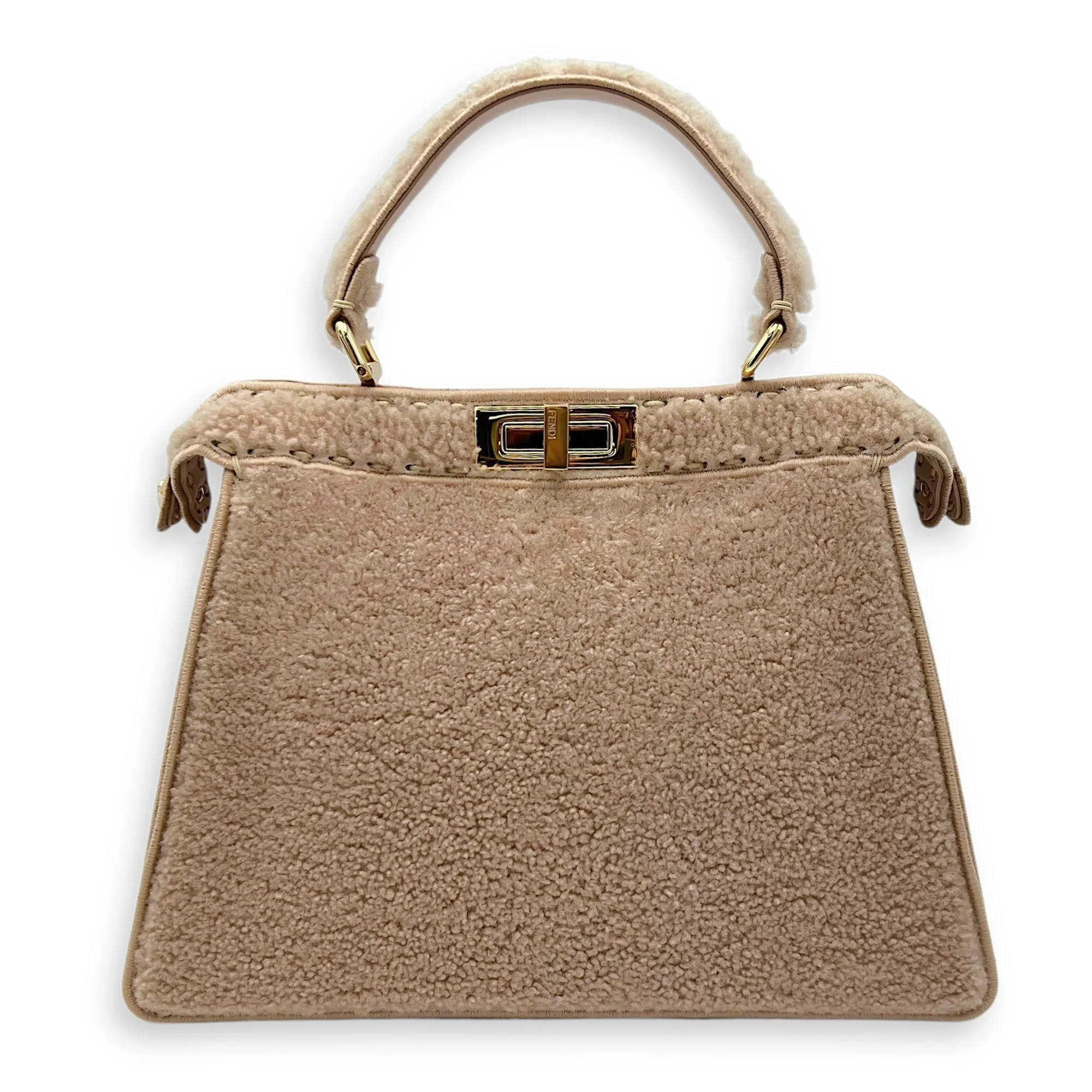 Peekaboo Beige Top Handle Bag in Shearling, Gold hardware