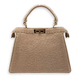 Peekaboo Beige Top Handle Bag in Shearling, Gold hardware