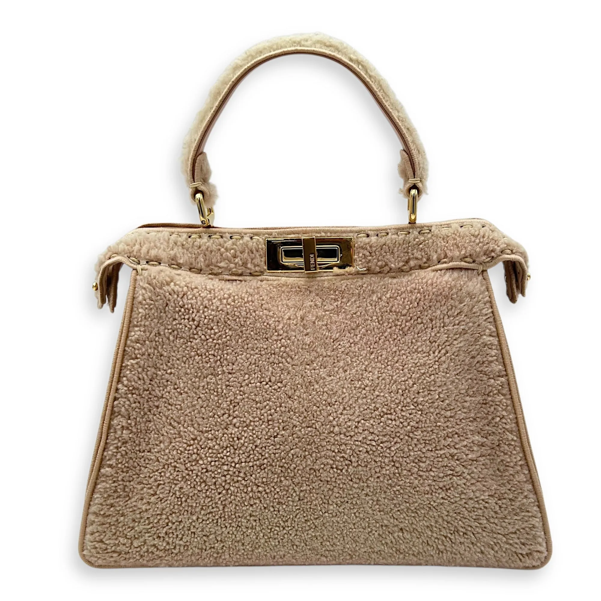 Peekaboo Beige Top Handle Bag in Shearling, Gold hardware