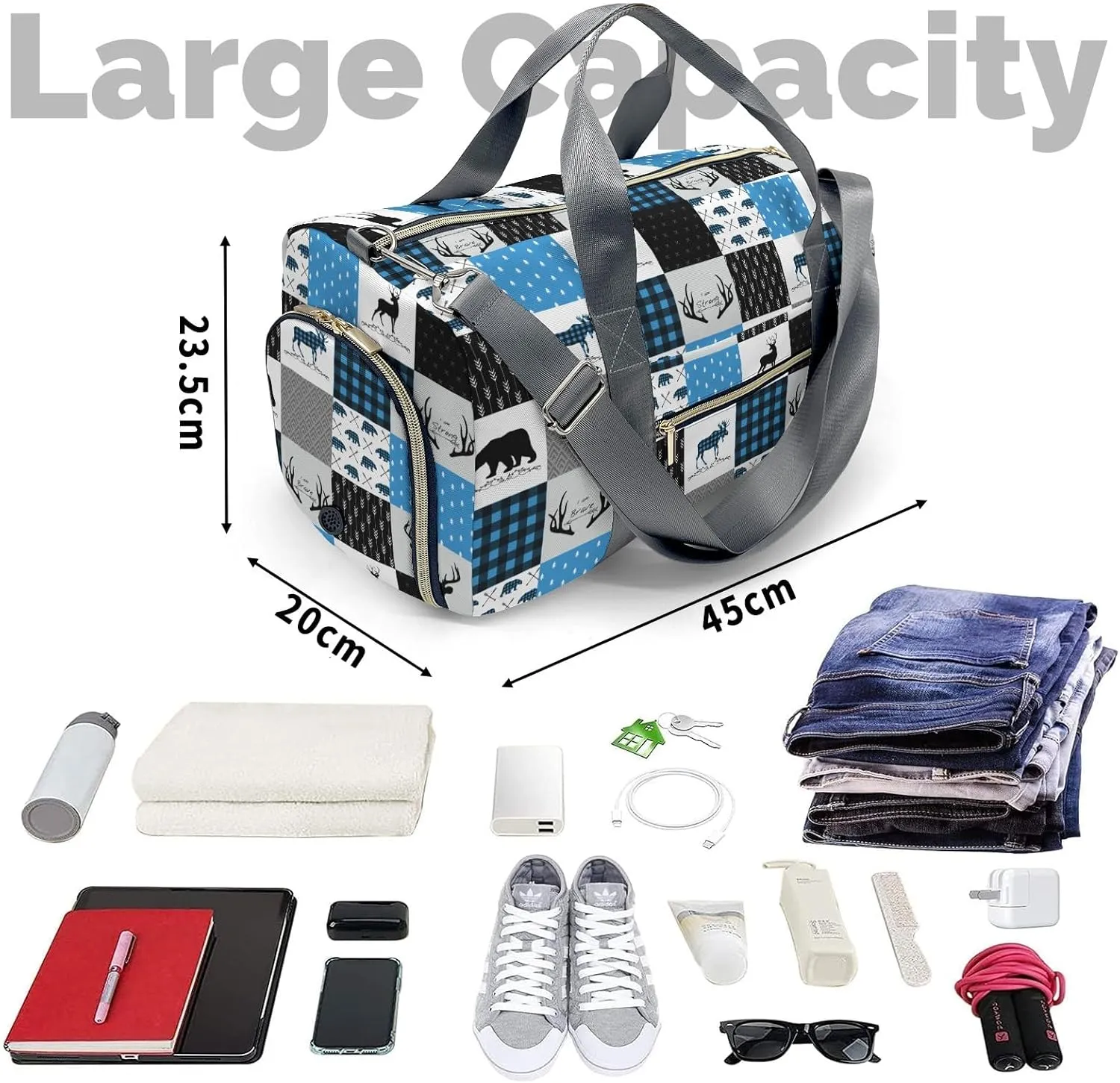 Personalized Gift Duffel Bag Woodland Deer Bear Plaid Travel in Style: Trendy Bags for Sport and Leisure