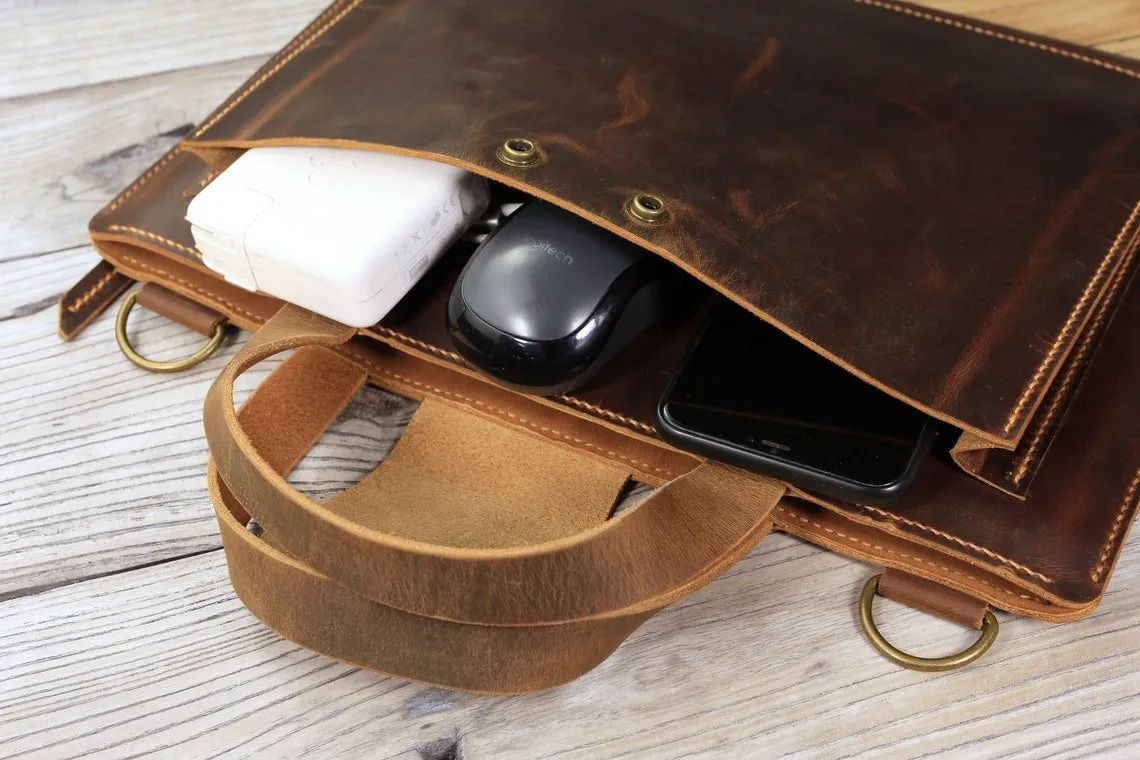 Personalized Hand stitched leather slim small laptop bag
