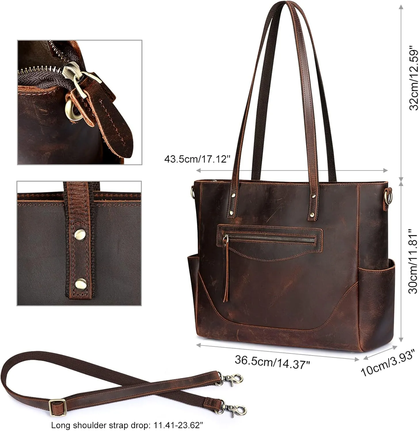 S-ZONE Genuine Leather Tote Bag for Women Large Shoulder Purses Work Handbags with Crossbody Strap Vintage