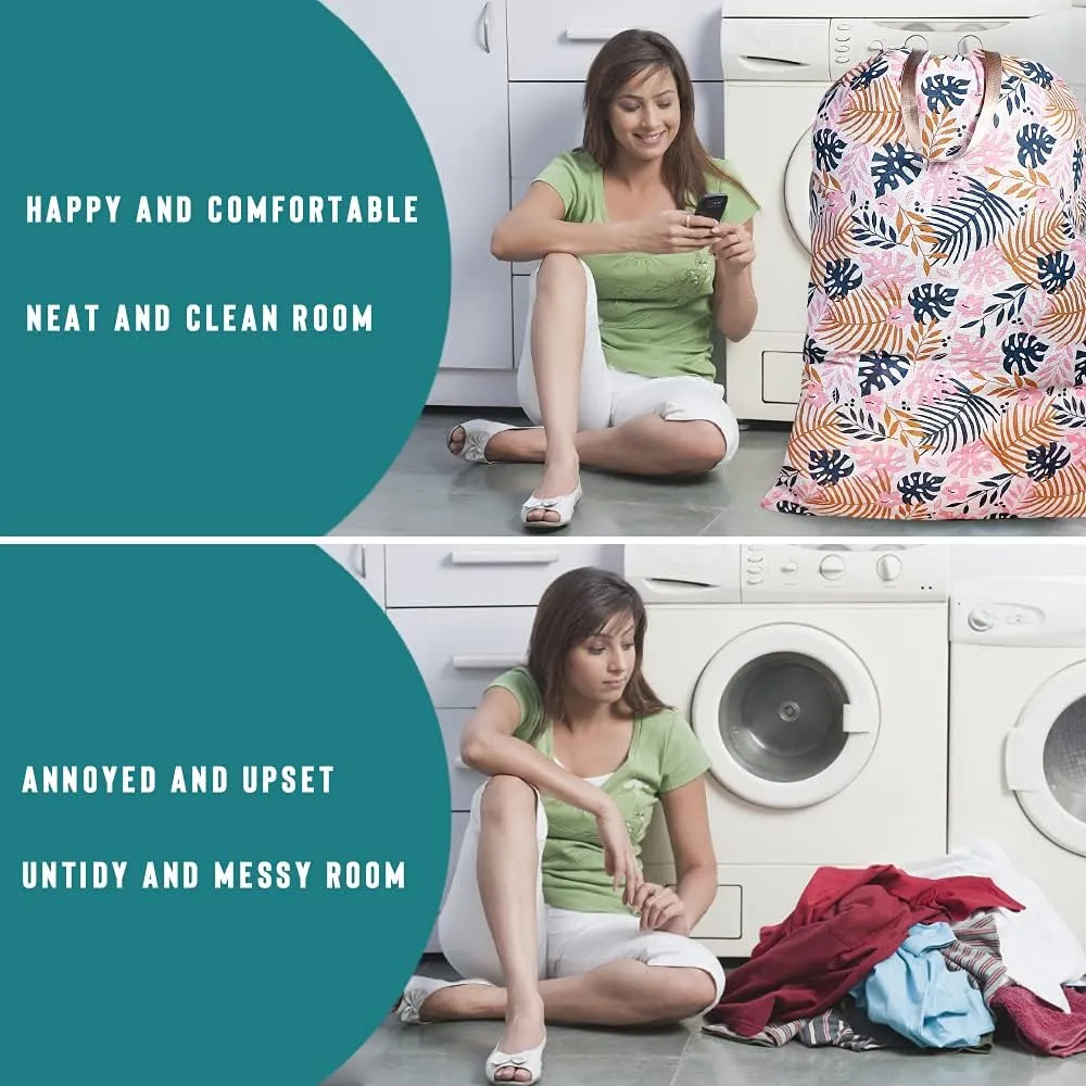Sanlykate Extra Large Laundry Bag with Drawstring Closure and Handle, 28 x 40 Inch Heavy Duty Travel Dirty Clothes Bag for Laundromat and Household, Monstera