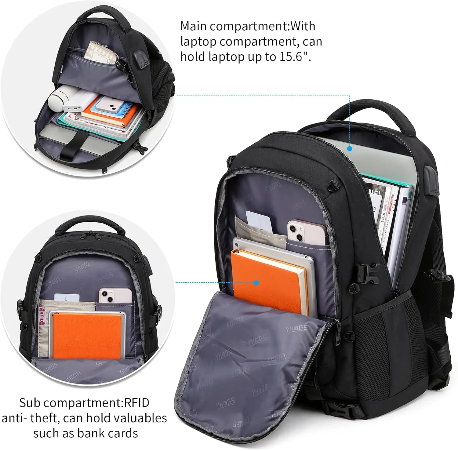Skateboard Backpack, Laptop Backpack with USB Charging Port, RFID Anti-Theft Lock, Waterproof Fabric, Fits up to 15.6 Inch Laptop, for Business Travel Men (Black)