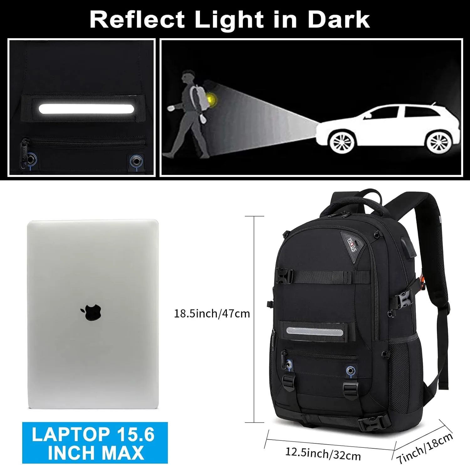 Skateboard Backpack, Laptop Backpack with USB Charging Port, RFID Anti-Theft Lock, Waterproof Fabric, Fits up to 15.6 Inch Laptop, for Business Travel Men (Black)