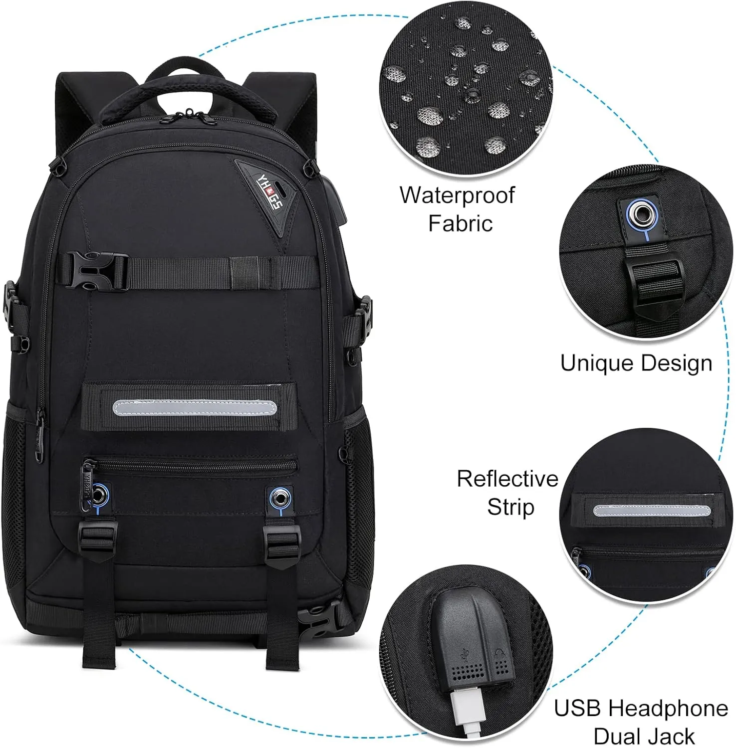 Skateboard Backpack, Laptop Backpack with USB Charging Port, RFID Anti-Theft Lock, Waterproof Fabric, Fits up to 15.6 Inch Laptop, for Business Travel Men (Black)