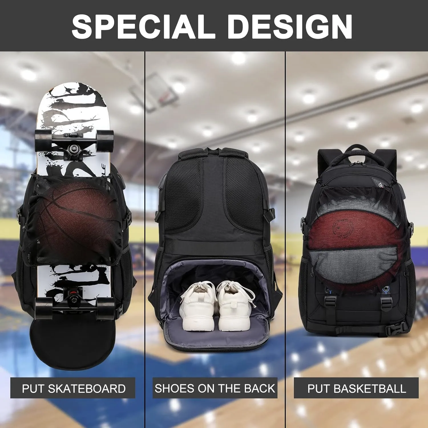 Skateboard Backpack, Laptop Backpack with USB Charging Port, RFID Anti-Theft Lock, Waterproof Fabric, Fits up to 15.6 Inch Laptop, for Business Travel Men (Black)