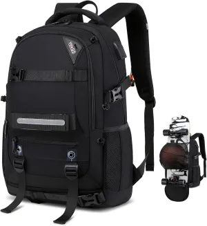 Skateboard Backpack, Laptop Backpack with USB Charging Port, RFID Anti-Theft Lock, Waterproof Fabric, Fits up to 15.6 Inch Laptop, for Business Travel Men (Black)