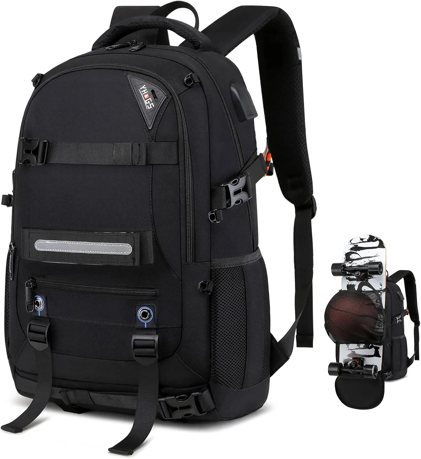 Skateboard Backpack, Laptop Backpack with USB Charging Port, RFID Anti-Theft Lock, Waterproof Fabric, Fits up to 15.6 Inch Laptop, for Business Travel Men (Black)