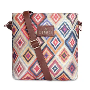THE CLOWNFISH Aahna Printed Handicraft Fabric Crossbody Sling bag for Women Casual Party Bag Purse with Adjustable Shoulder Strap for Ladies College Girls (Multicolour-Diamond Design)