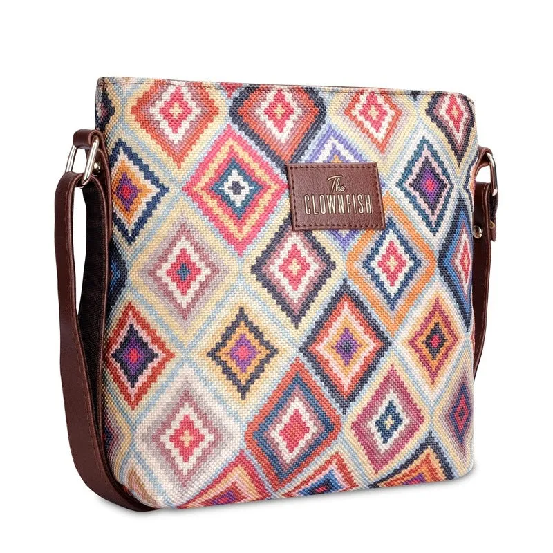 THE CLOWNFISH Aahna Printed Handicraft Fabric Crossbody Sling bag for Women Casual Party Bag Purse with Adjustable Shoulder Strap for Ladies College Girls (Multicolour-Diamond Design)