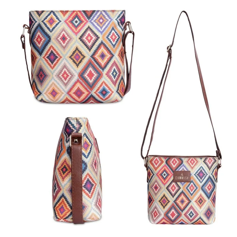THE CLOWNFISH Aahna Printed Handicraft Fabric Crossbody Sling bag for Women Casual Party Bag Purse with Adjustable Shoulder Strap for Ladies College Girls (Multicolour-Diamond Design)