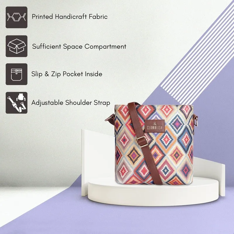 THE CLOWNFISH Aahna Printed Handicraft Fabric Crossbody Sling bag for Women Casual Party Bag Purse with Adjustable Shoulder Strap for Ladies College Girls (Multicolour-Diamond Design)