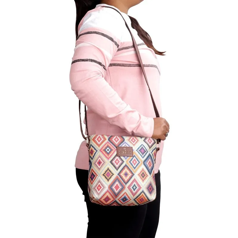 THE CLOWNFISH Aahna Printed Handicraft Fabric Crossbody Sling bag for Women Casual Party Bag Purse with Adjustable Shoulder Strap for Ladies College Girls (Multicolour-Diamond Design)