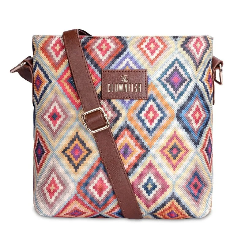 THE CLOWNFISH Aahna Printed Handicraft Fabric Crossbody Sling bag for Women Casual Party Bag Purse with Adjustable Shoulder Strap for Ladies College Girls (Multicolour-Diamond Design)
